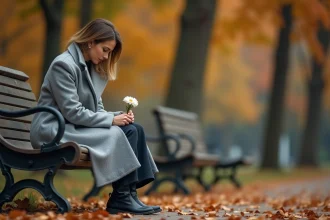 Femme en deuil assise seule sur un banc dans un parc en automne tenant une fleur blanche, symbole de perte et de souvenir