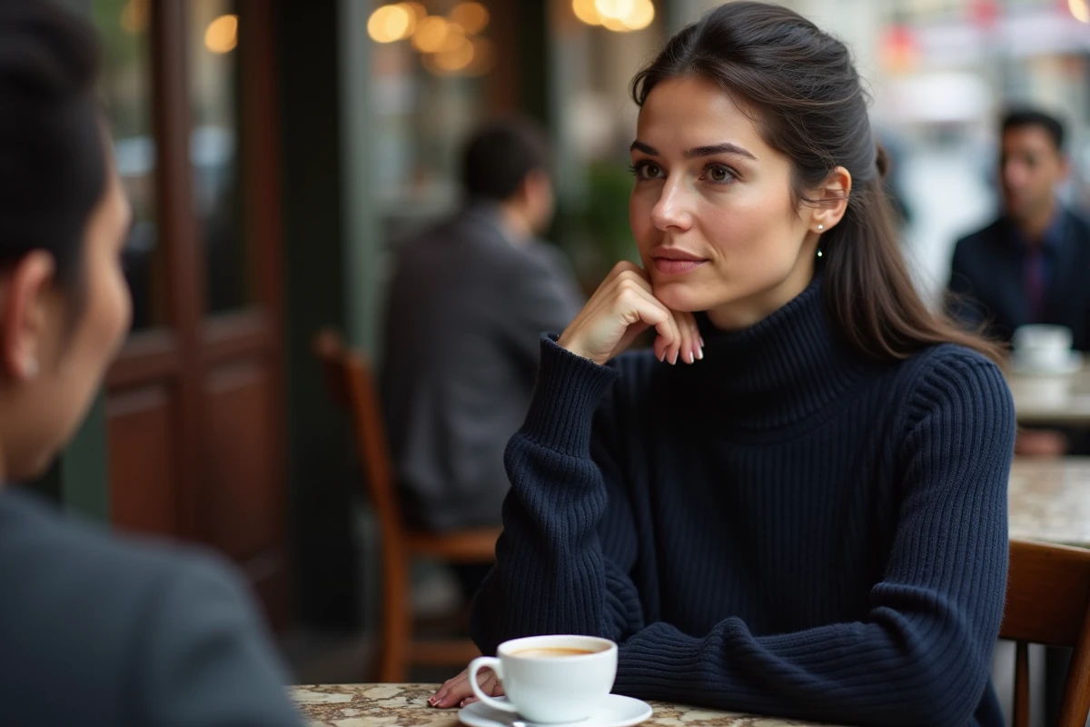 Femme pensive dans un café parisien pendant une interview magazine, exprimant des confidences sur sa vie amoureuse et son mari