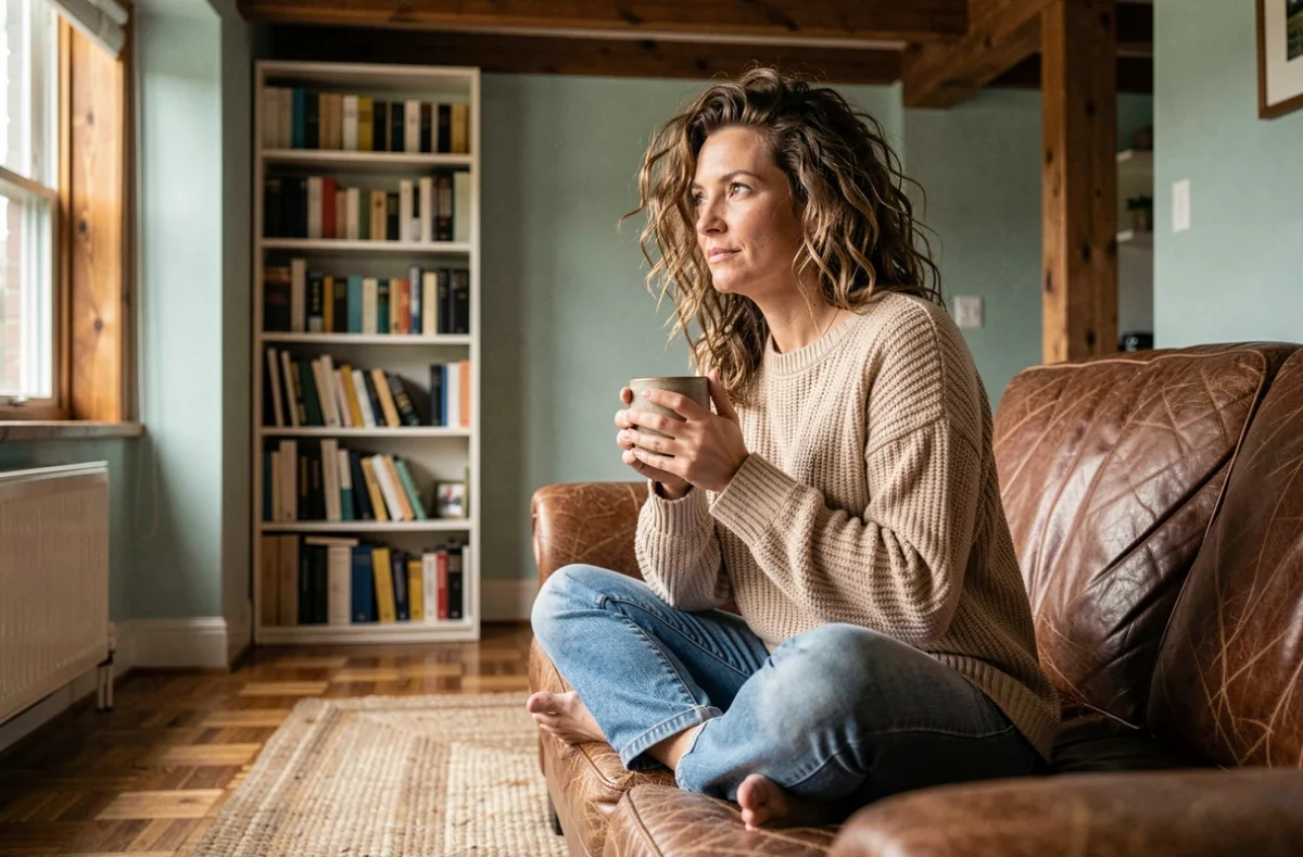 Femme pensive tenant une tasse dans un appartement cosy, évoquant la sérénité et la protection de la vie privée