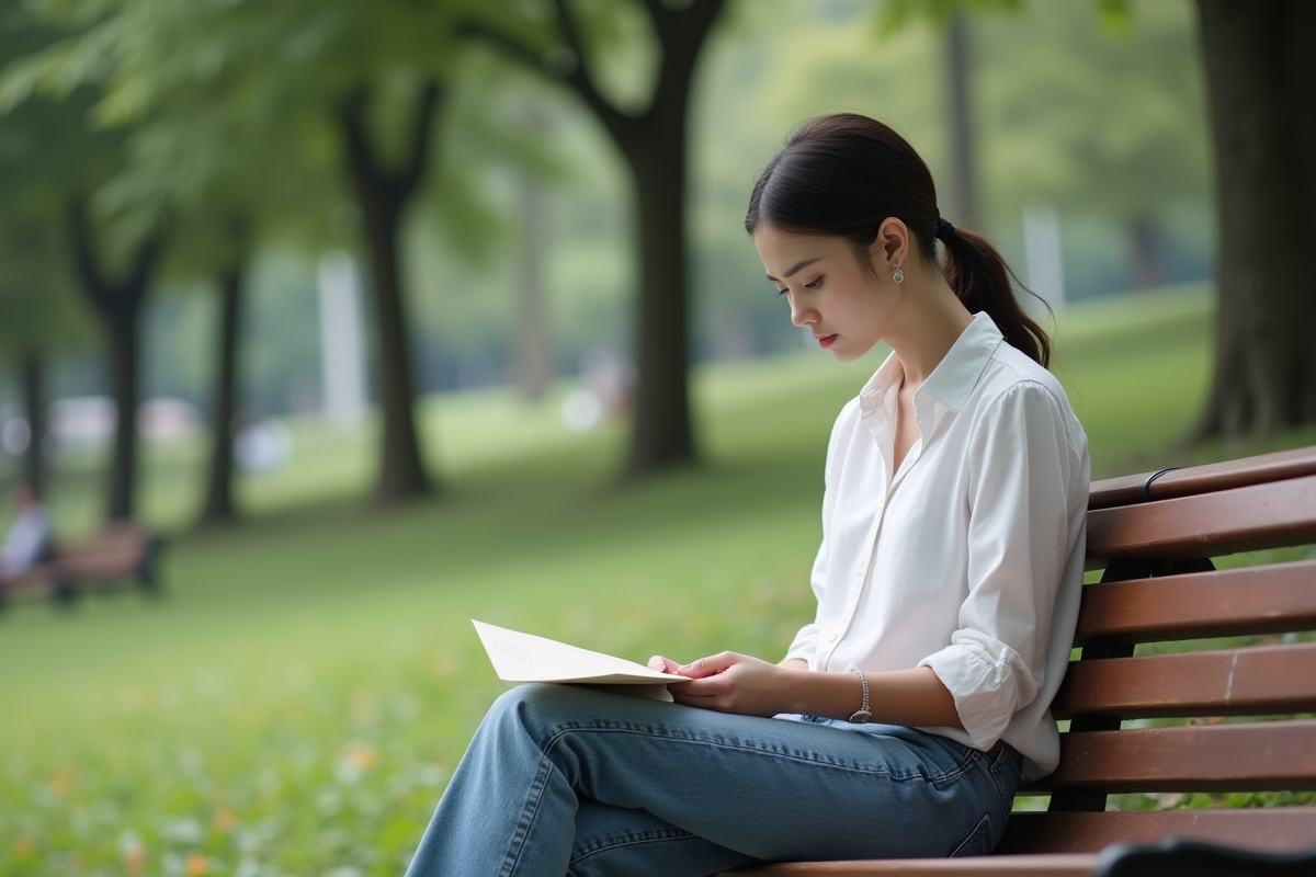 Jeune femme assise sur un banc lisant une lettre dans un parc