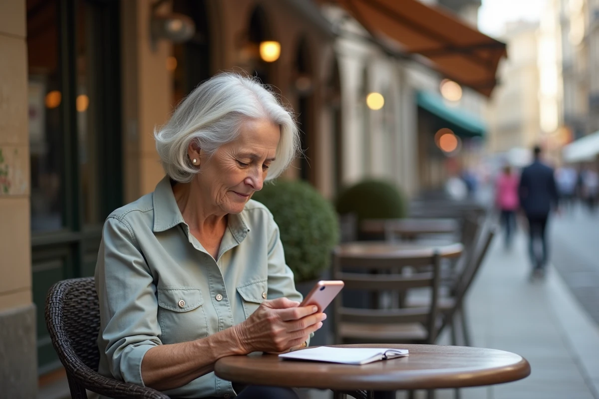 Femme âgée lisant un message d anniversaire sur son smartphone