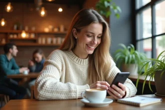 Femme consultant sa liste d'envies sur une application mobile dans un café urbain