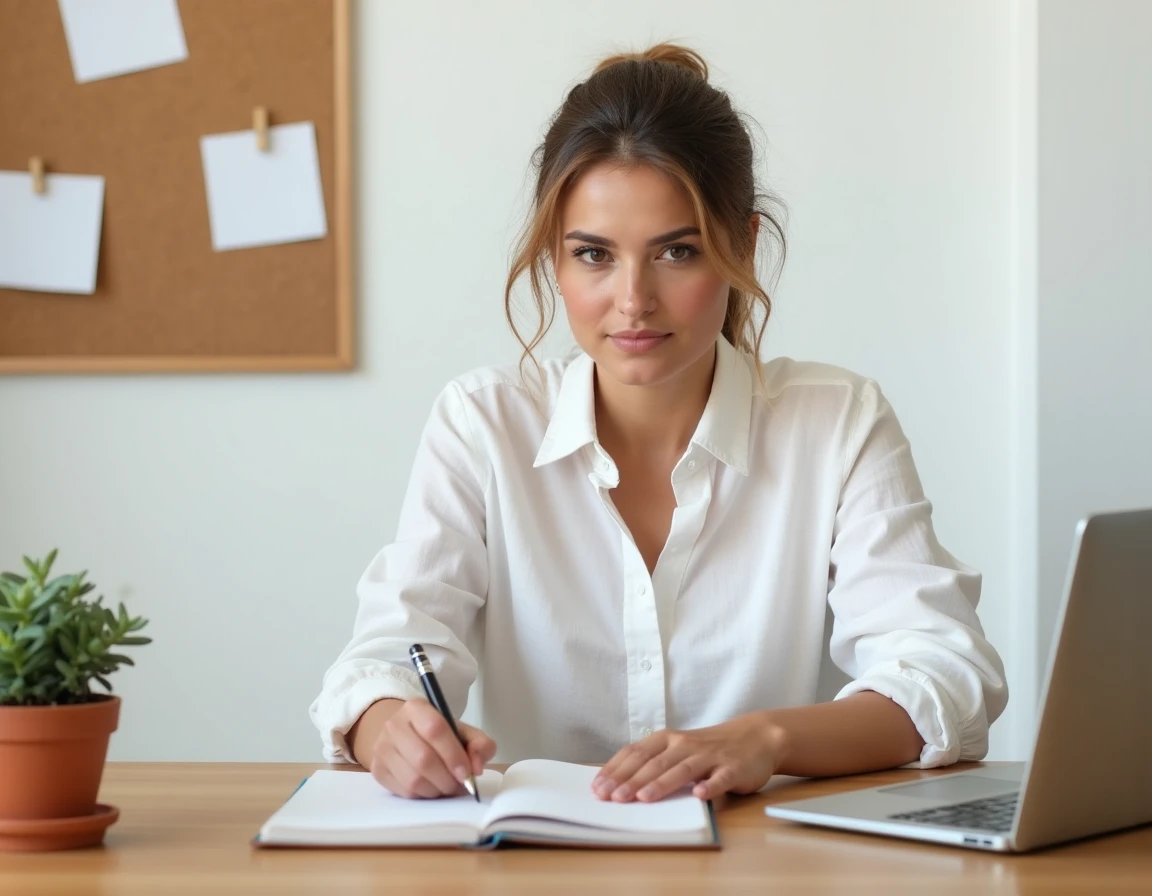 Femme prenant des notes sur un cahier tout en suivant un programme de coaching parental en ligne depuis son bureau à domicile