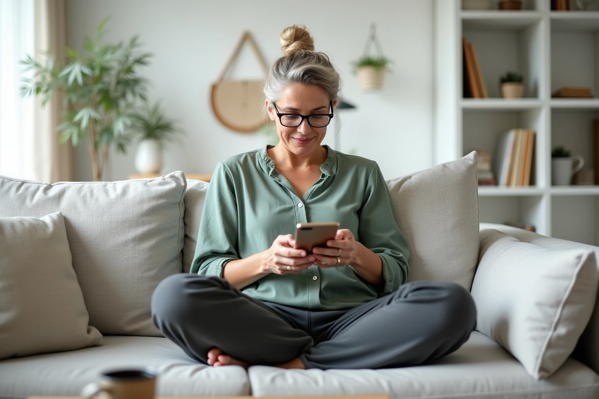 Femme organisant ses listes d'envies sur mobile depuis son canapé à la maison