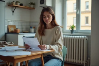 Femme sérieuse tenant une lettre dans un appartement urbain