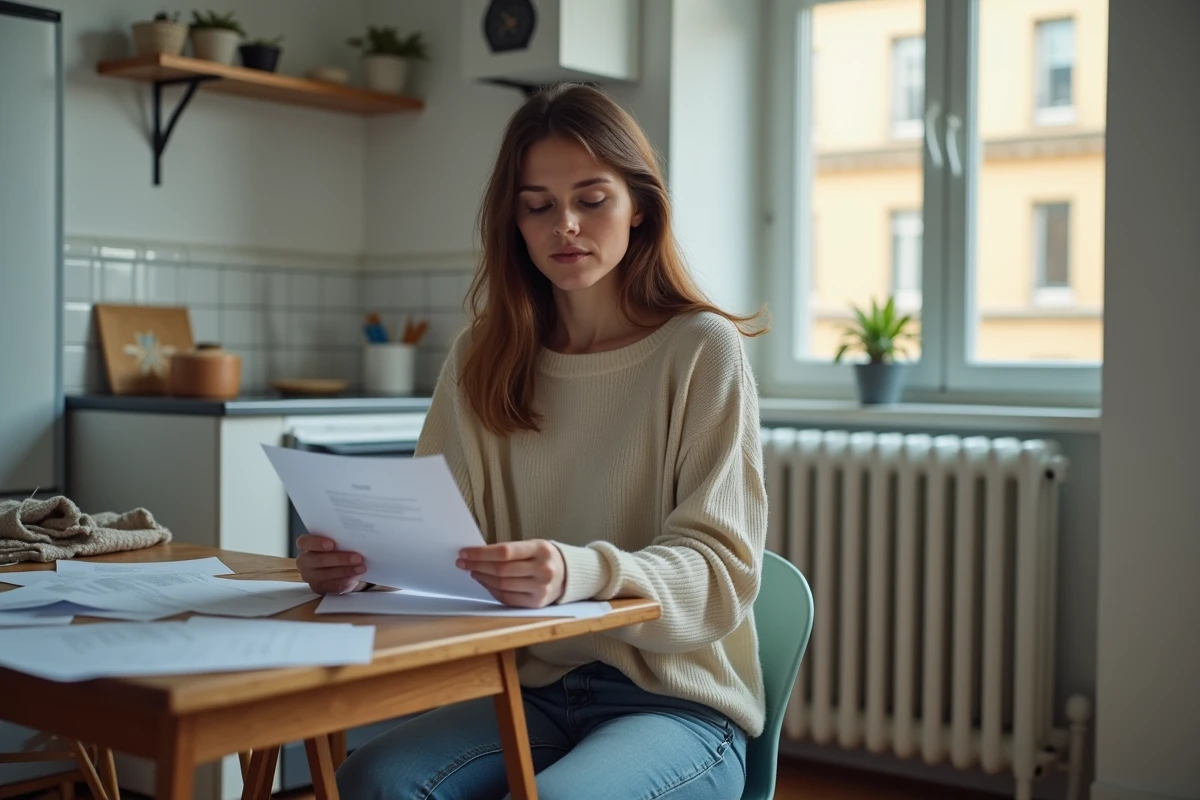 Femme sérieuse tenant une lettre dans un appartement urbain