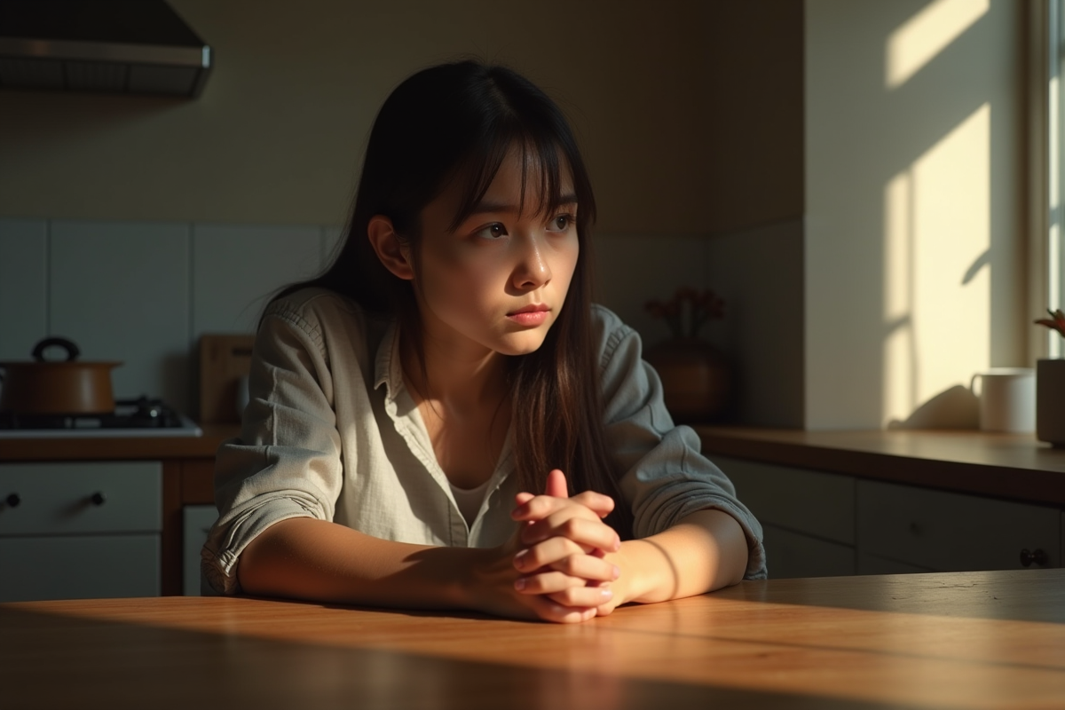 Jeune femme seule à la cuisine penseuse et en réflexion