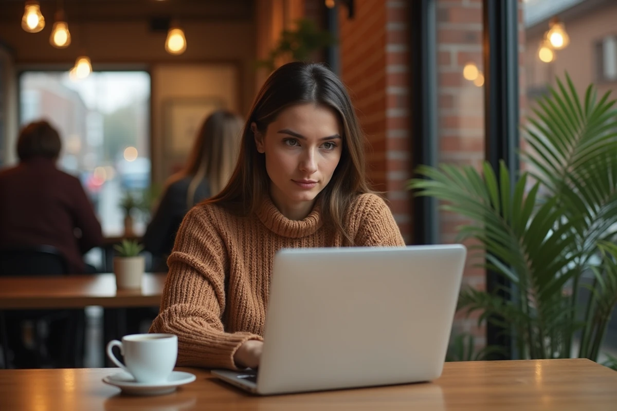 Jeune femme naviguant sur les réseaux sociaux dans un café urbain avec un ordinateur portable