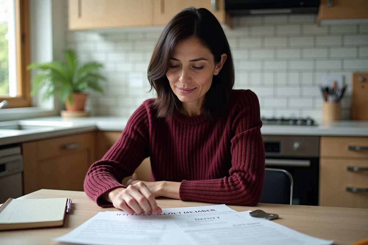 Une femme d'âge mûr révise un testament olographe manuscrit et une liste de légataires posés sur une table de cuisine moderne