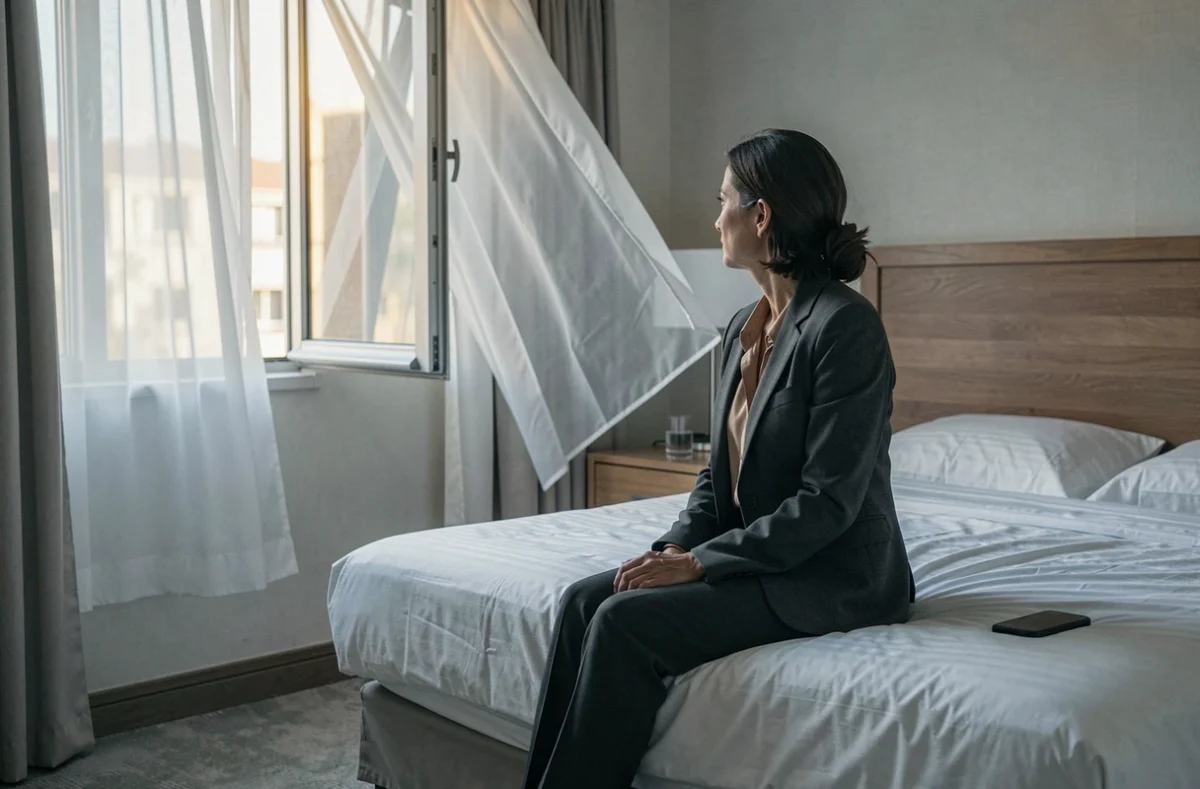 Femme seule assise sur le bord d'un lit d'hôtel regardant par la fenêtre, smartphone retourné, illustrant l'attente émotionnelle et la complexité d'une relation extraconjugale