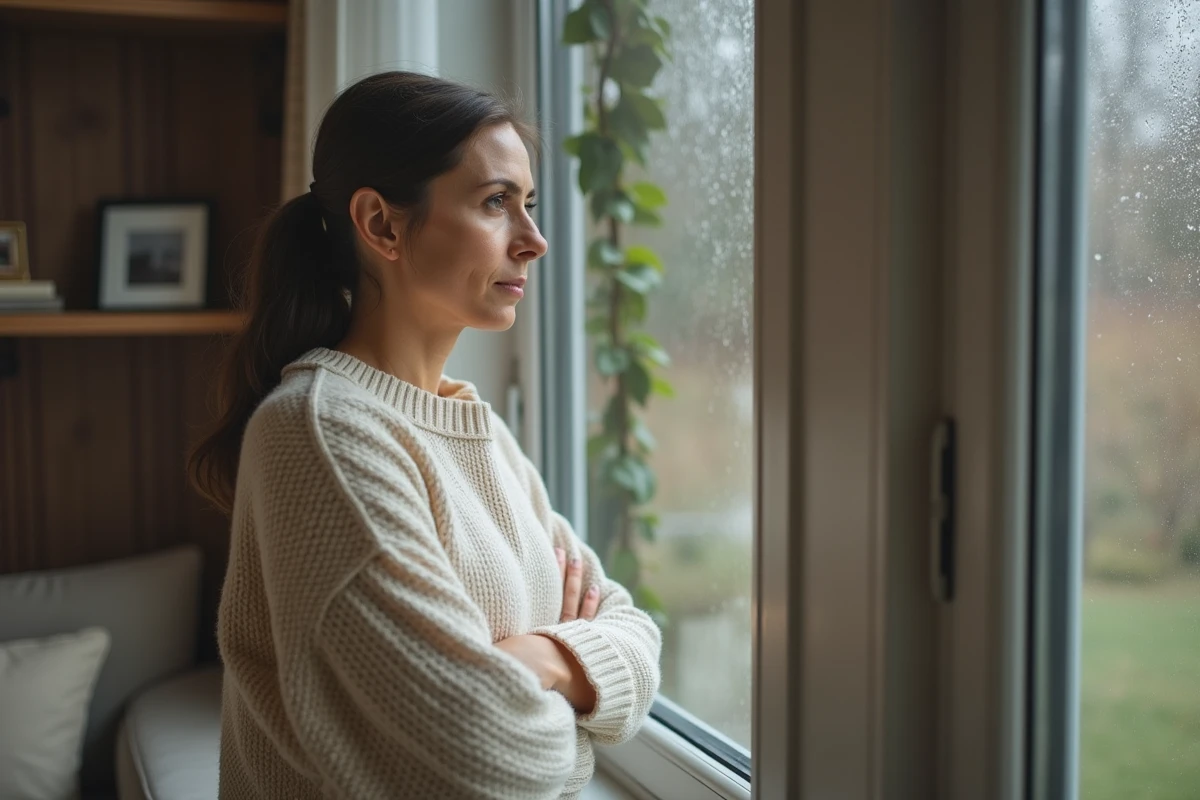 Femme songeuse debout près d'une fenêtre sous la pluie dans un salon familial, exprimant la solitude émotionnelle au sein du couple