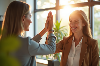 Femme souriante donnant un high five à un collègue dans un bureau lumineux