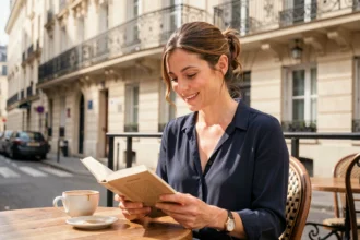 Femme souriante assise en terrasse de café parisien, illustrant la vie personnelle et le couple d'une personnalité publique française