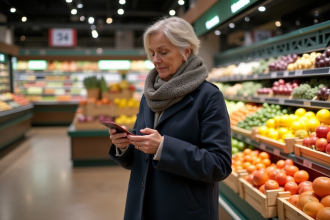 Femme française en manteau regardant sa liste sur smartphone devant fruits et légumes