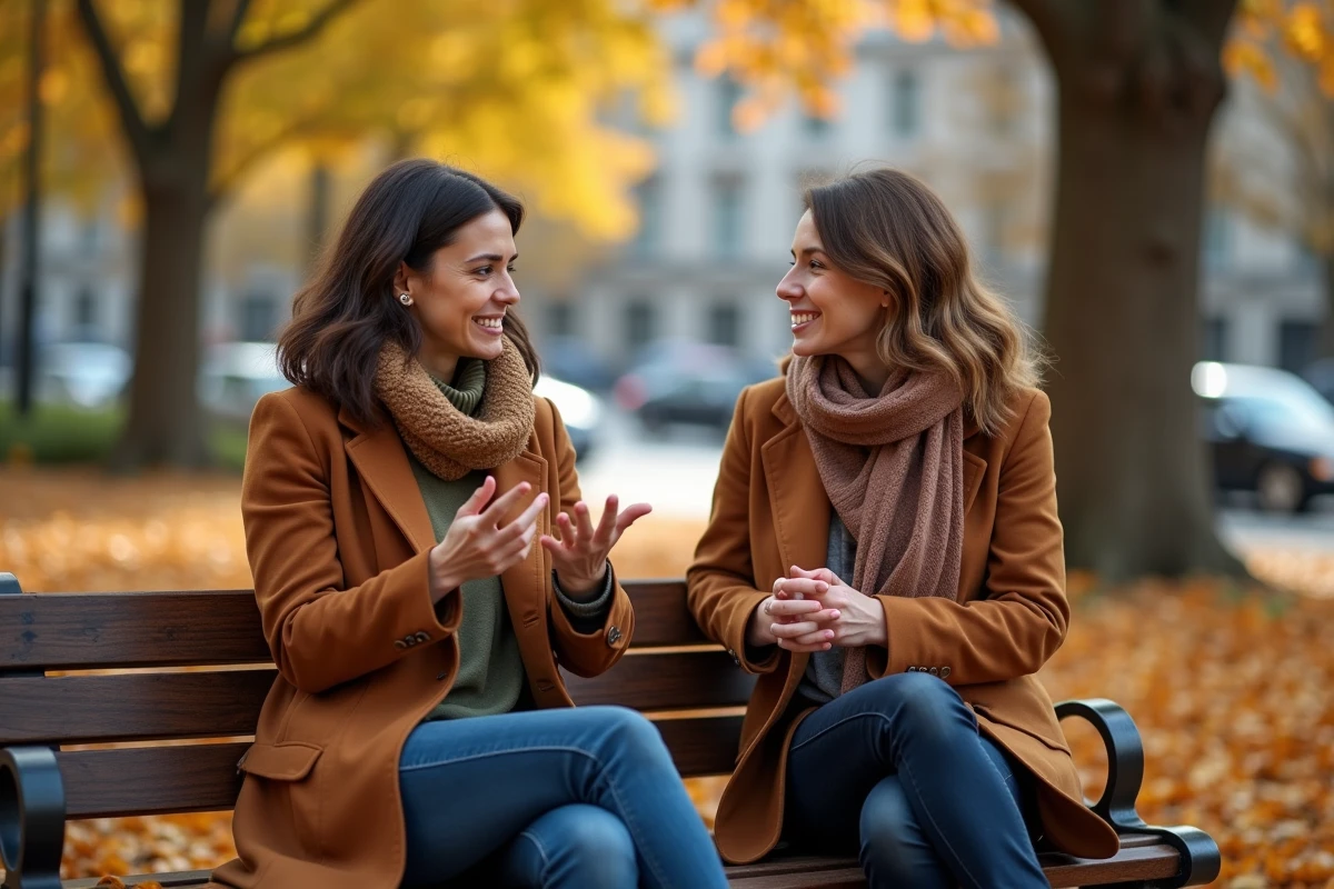 Deux femmes en conversation animée sur un banc dans un parc urbain en automne