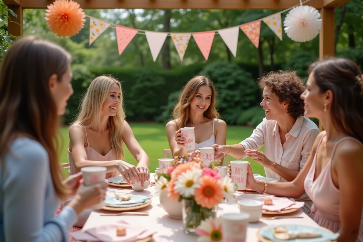 Groupe d'adultes lors d'une fête d'anniversaire en plein air tenant des gobelets personnalisés assortis à la décoration de jardin colorée