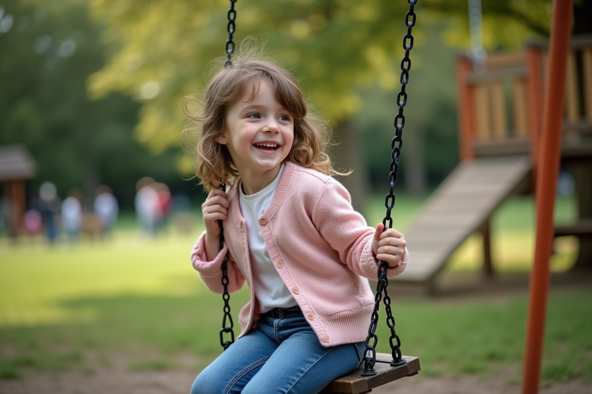 Jeune fille souriante sur une balançoire dans un parc