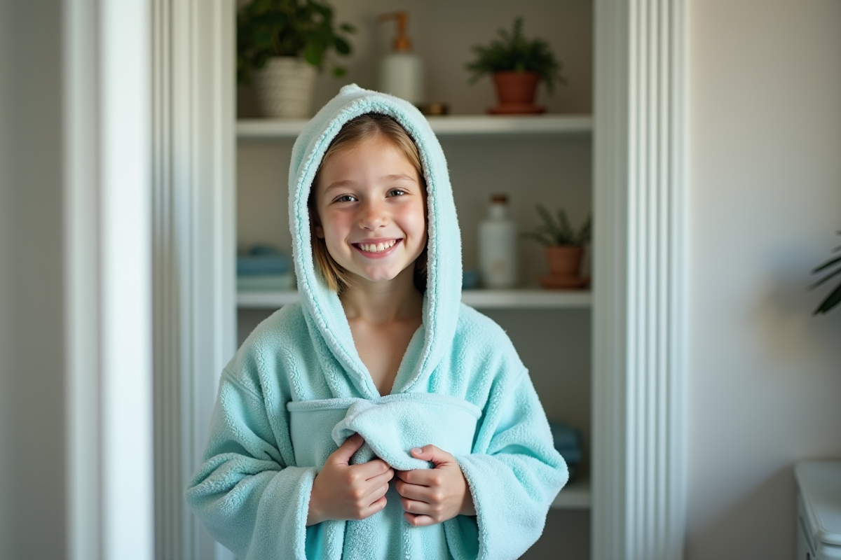 Fille de 8 ans en serviette bleue dans la salle de bain