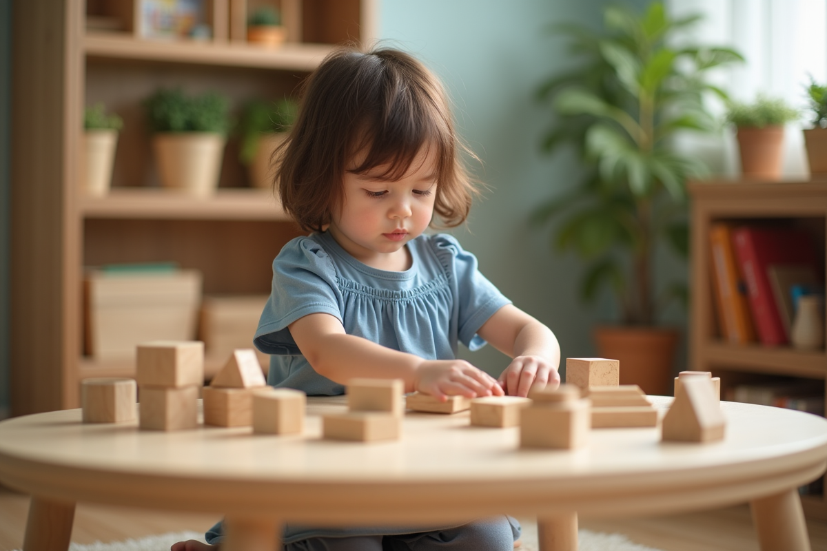 Jeune fille arrangeant formes en bois dans une classe Montessori