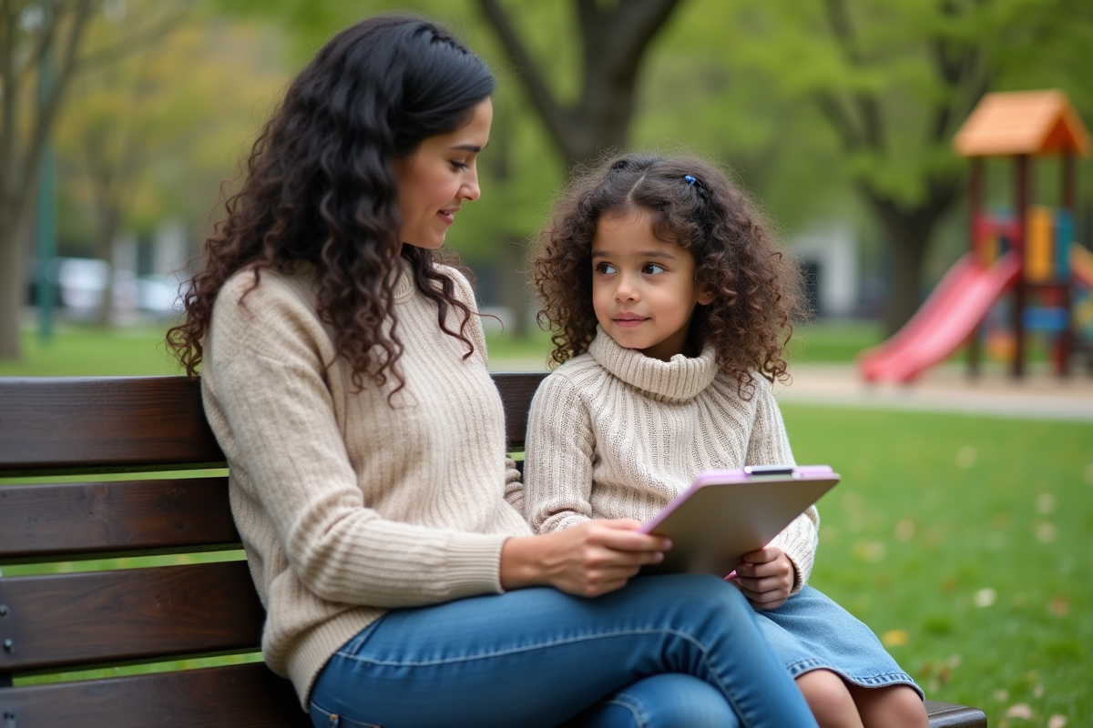 Fille et sa mère discutant sur un banc dans un parc