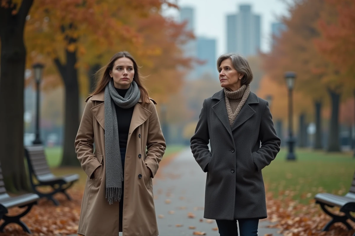 Fille et mère dans un parc automnal en pleine discussion