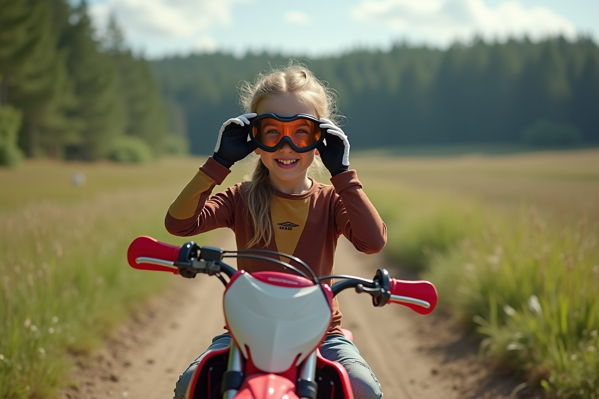 Fille de 14 ans ajustant ses lunettes de motocross sur une moto