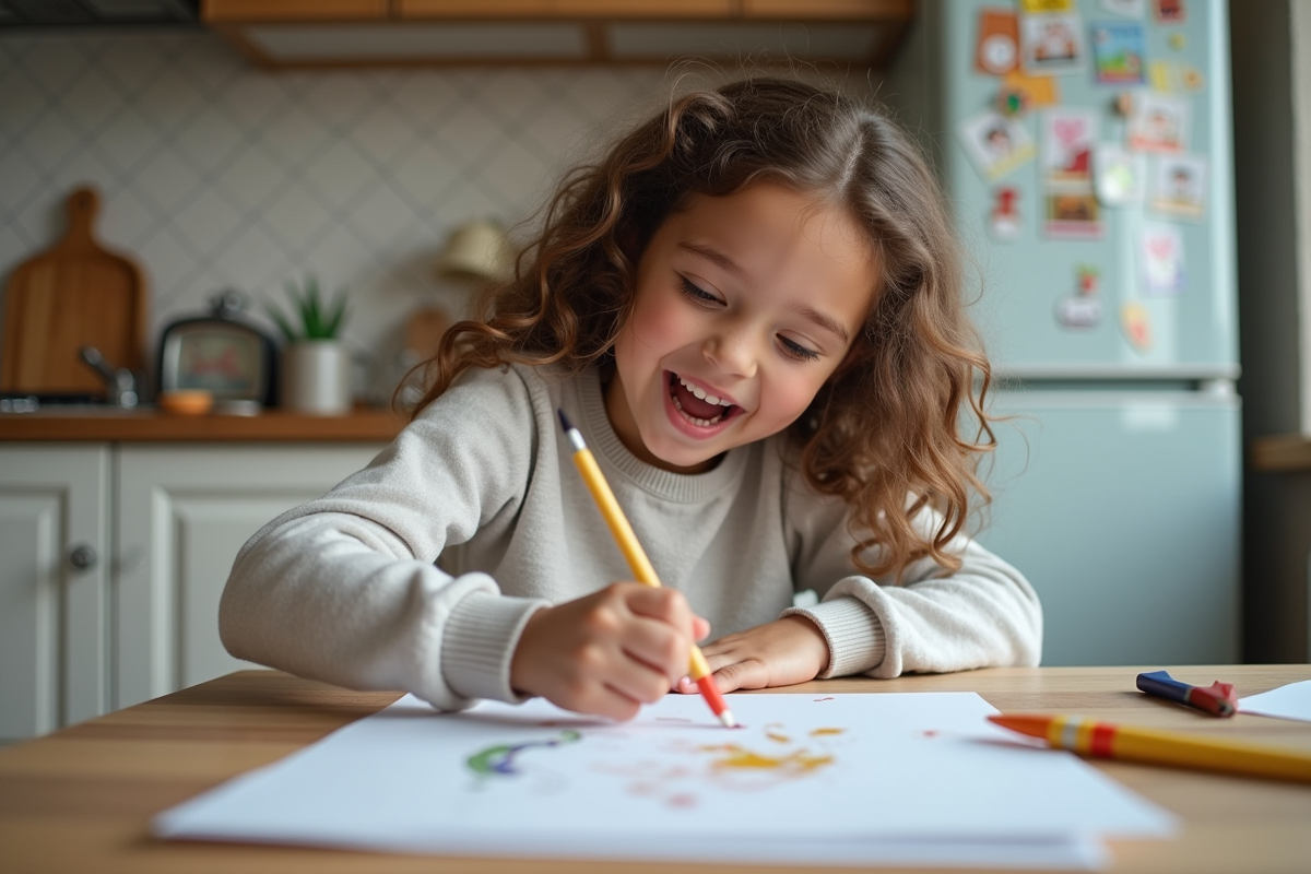 Jeune fille peignant à la table de cuisine avec des dessins