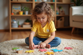 Jeune fille de 3 ans faisant un puzzle animal