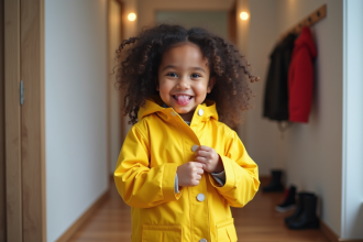 Jeune fille en imper jaune bouton en train de se boutonner