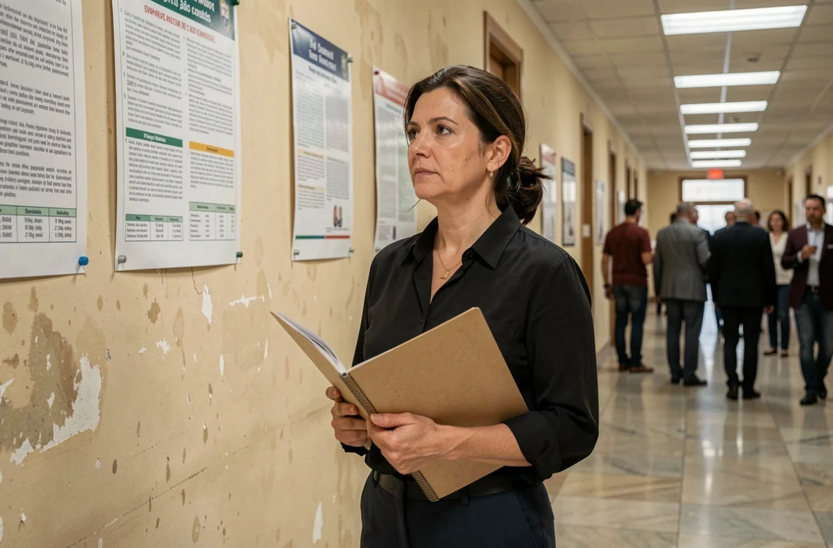 Fonctionnaire en tenue formelle consultant les informations administratives dans un couloir institutionnel concernant son droit aux congés pour enterrement