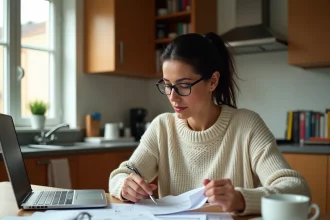 Mère de famille qui consulte ses reçus de cantine scolaire pour remplir sa déclaration d'impôt sur la table de cuisine