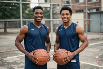 Deux frères basketteurs posant ensemble sur un terrain extérieur, illustrant la complicité des frères Doué dans leur parcours sportif