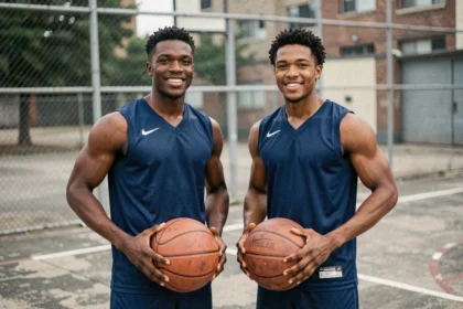 Deux frères basketteurs posant ensemble sur un terrain extérieur, illustrant la complicité des frères Doué dans leur parcours sportif