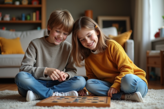 Freres et soeurs jouant à un jeu de société dans un salon chaleureux