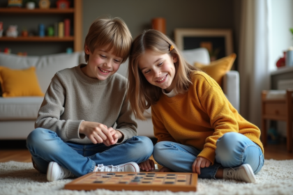 Freres et soeurs jouant à un jeu de société dans un salon chaleureux