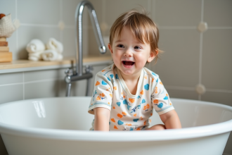 Garçon de 4 ans dans un bain moderne en pyjama coloré