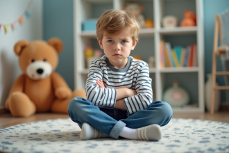Garçon de 7 ans frustré assis sur le tapis de sa chambre