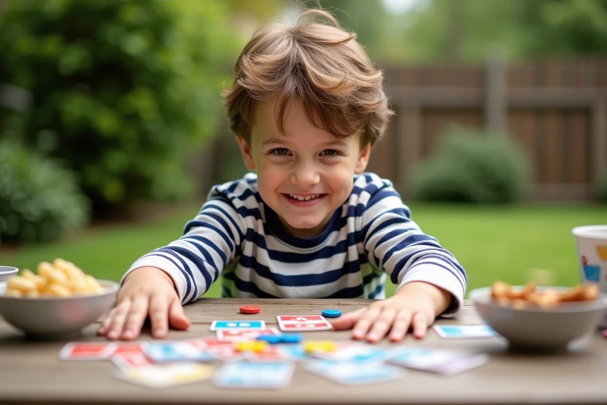 Garçon souriant avec cartes et jetons sur la table