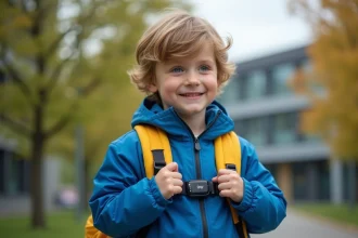 Garçon de 8 ans ajustant un GPS sur son sac à l'extérieur