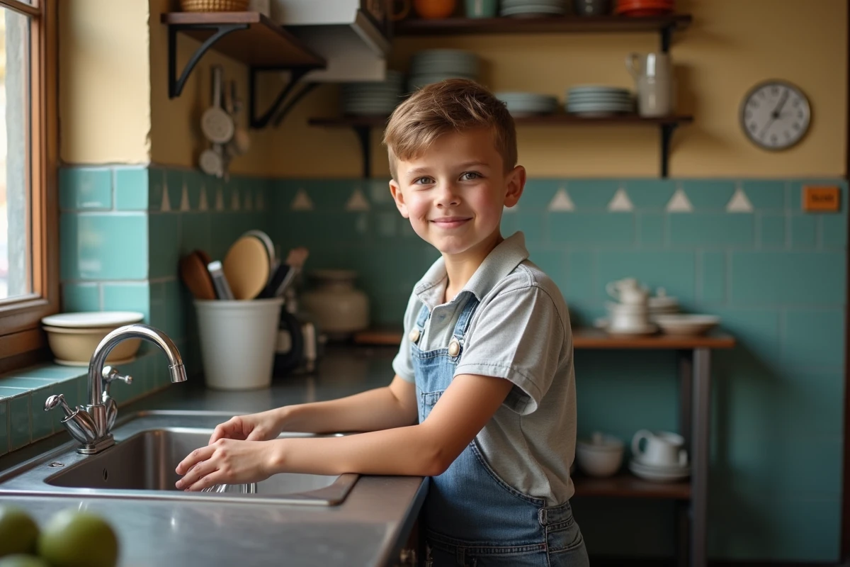 Jeune garçon de 14 ans lave la vaisselle dans un café cosy