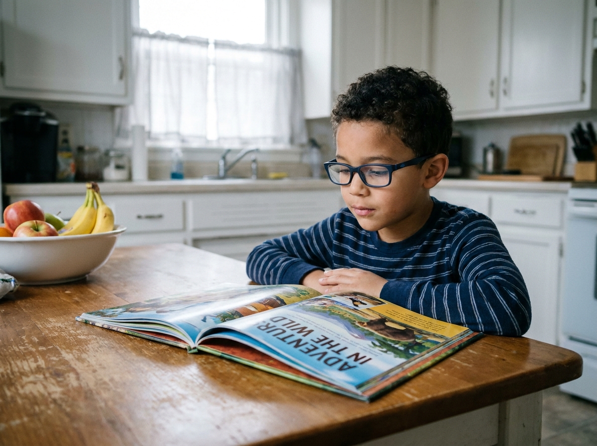 Jeune garçon lisant un livre illustré à la maison avec ses nouvelles lunettes rectangulaires bleues