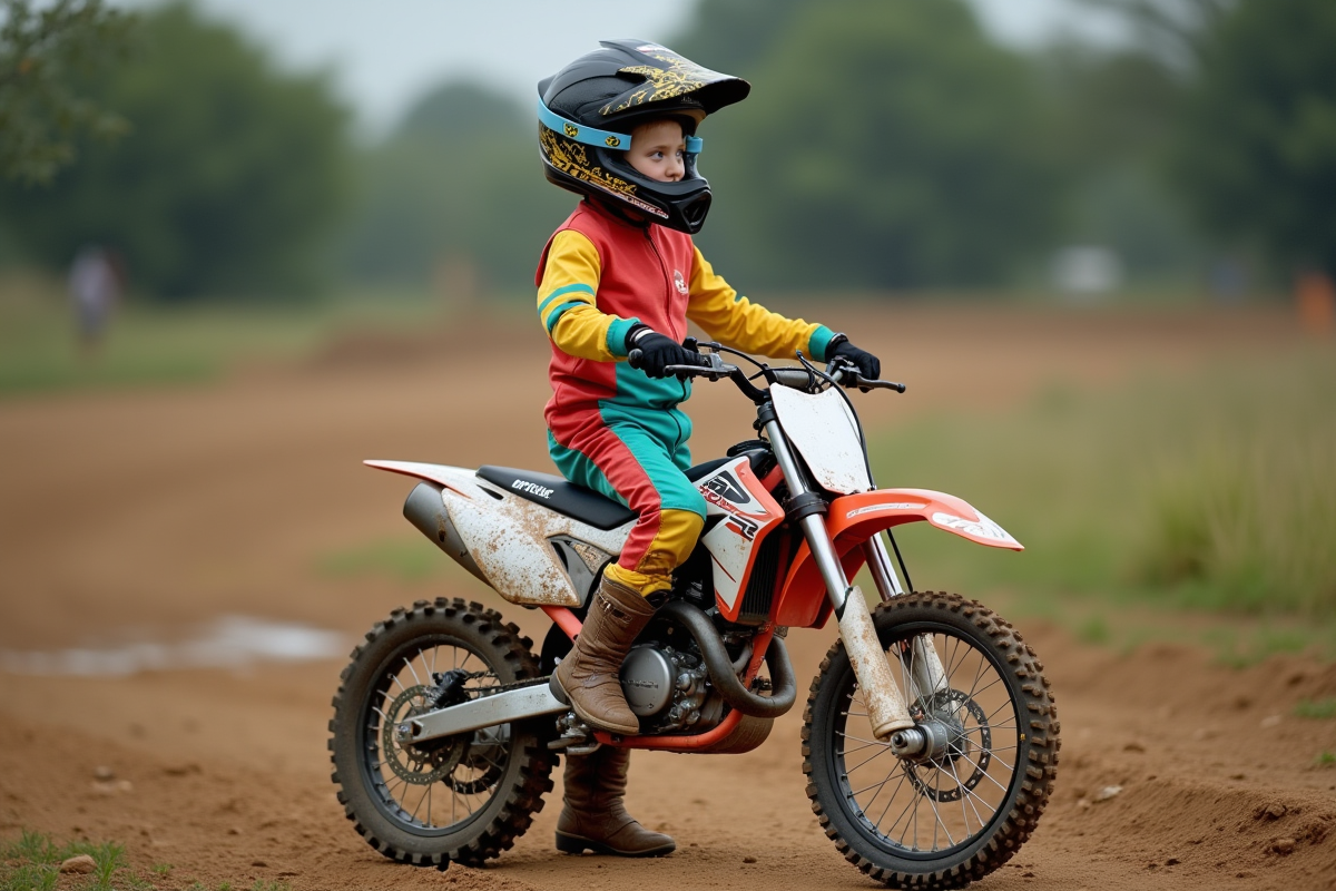 Garçon de 14 ans en équipement motocross souriant à côté d'une moto