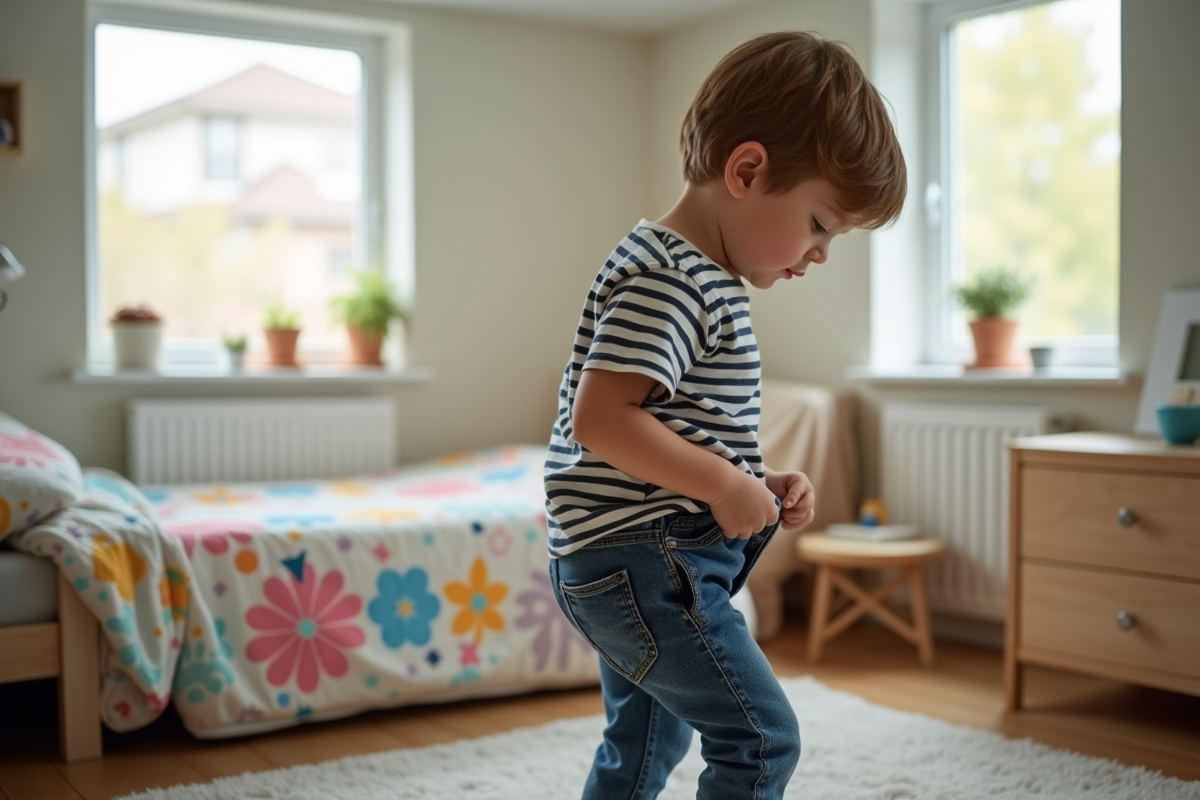 Garçon en t-shirt rayé et chaussettes dépareillées dans sa chambre