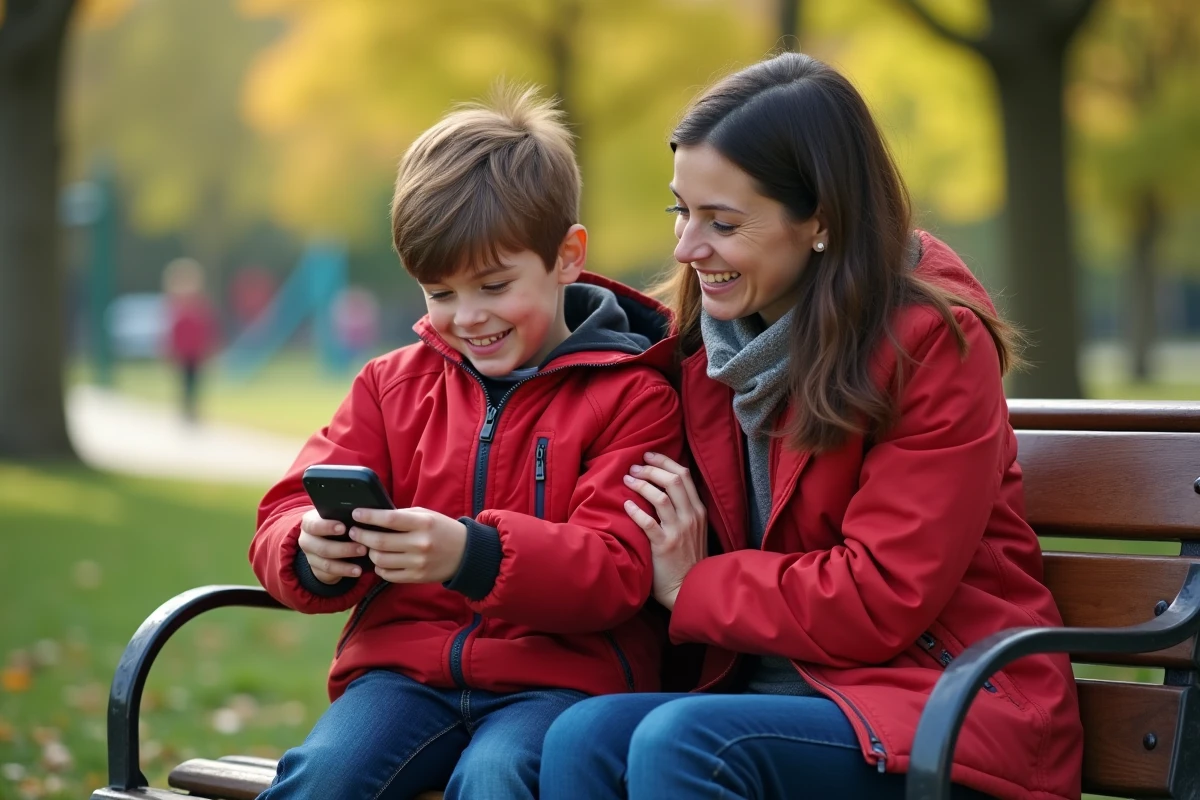 Garçon souriant avec GPS avec sa mère dans un parc