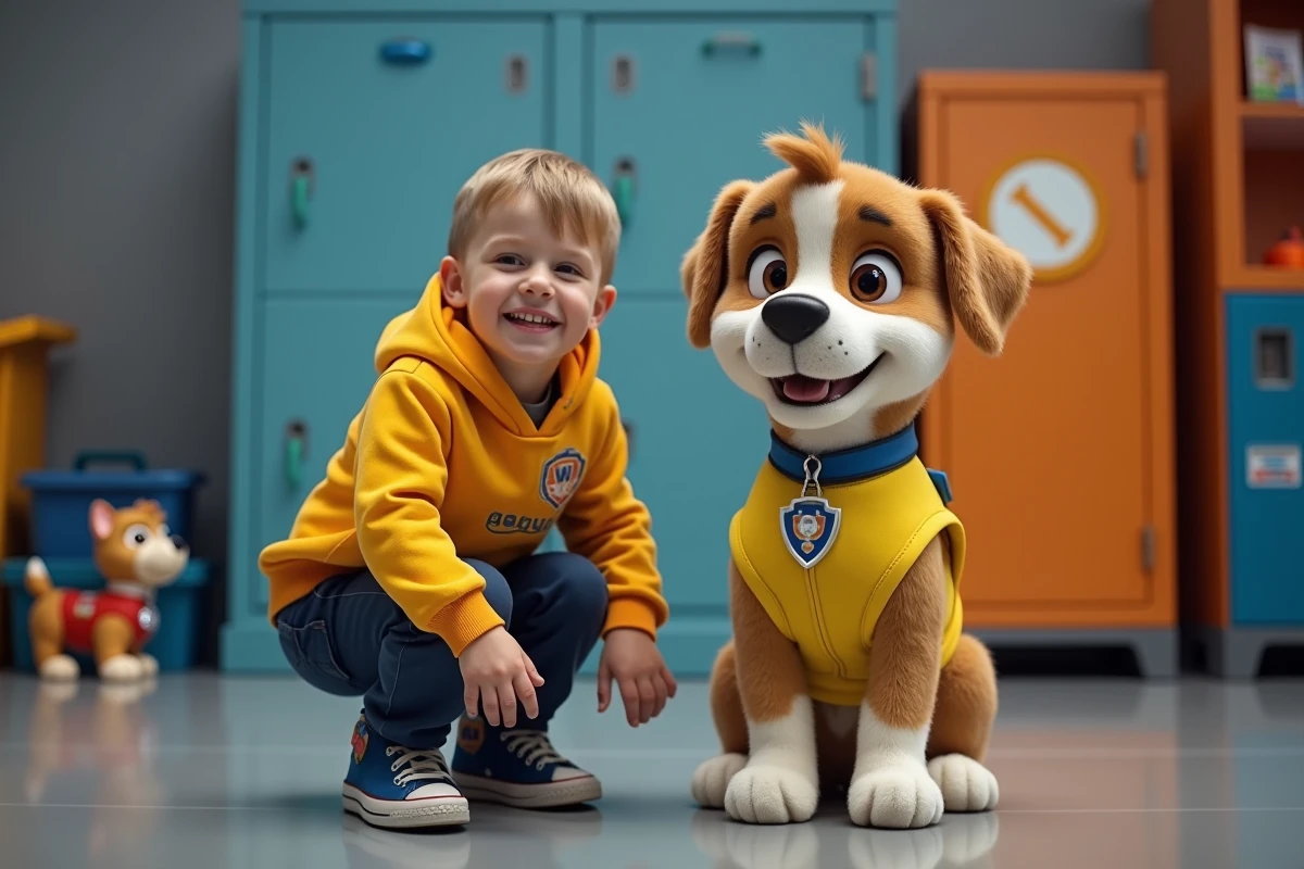Garçon avec un chien de sauvetage en studio Paw Patrol
