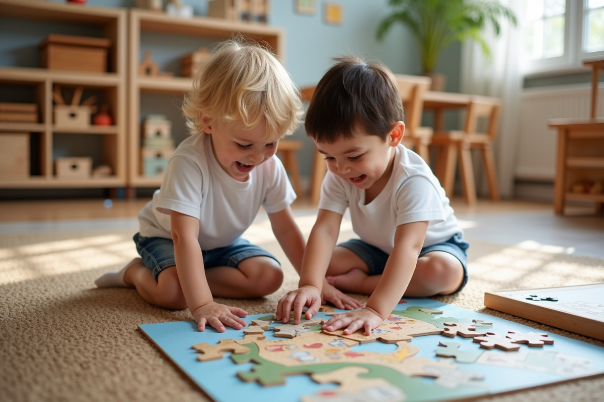 Deux garçons de 3 ans résolvent un puzzle dans une classe