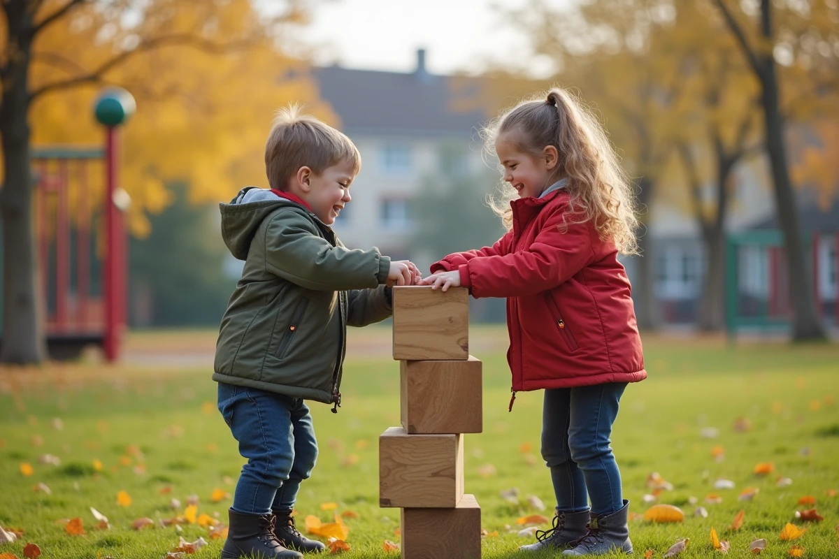 Deux enfants jouant à empiler des blocs en plein air en automne