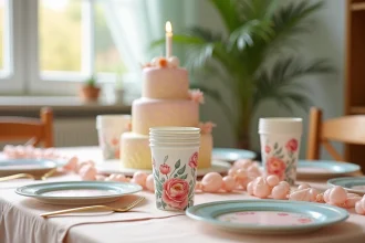 Table d'anniversaire décorée avec des gobelets personnalisés assortis à la nappe, aux ballons et aux assiettes en harmonie chromatique