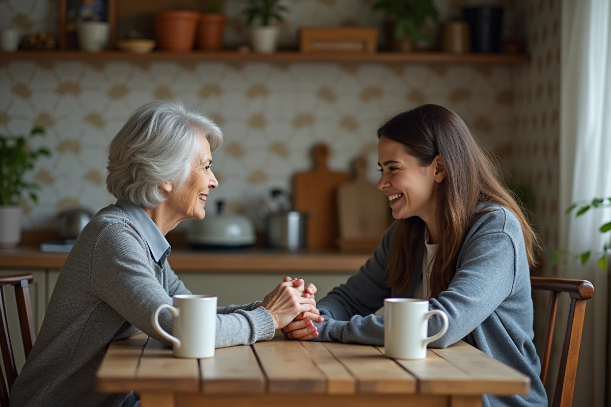 Grand-mère et fille adulte se tenant les mains à la table de cuisine, sourire émouvant et amour maternel inconditionnel