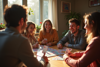 Groupe d'amis jouant à un jeu de cartes dans un salon convivial